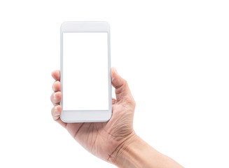 Close-up shot of Man hand holding white mobile smartphone with blank white screen display for mockup isolated on white background with clipping path. Cellphone technology and digital modern.