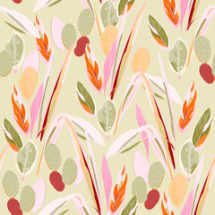 Pink and green leaves of palm trees and tropical grass on a white background. Seamless hand-drawn vector illustration. Pattern for wallpaper and fabric