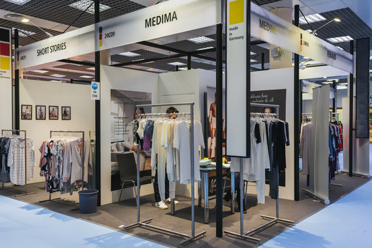 MOSCOW, RUSSIA - FEBRUARY 24-27: Fashion Trade Show 2020. 34th international exhibition of mens, womens, children clothing, underwear, wedding fashion and accessories