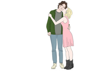 Hand drawn illustration. A cute couple has a romantic moment. Girl kisses the guy's cheek. In color.