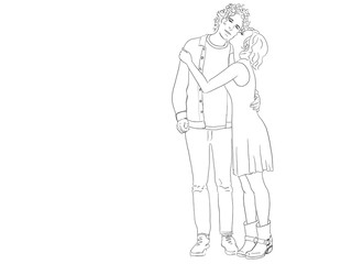 Hand drawn illustration. A cute couple has a romantic moment. Girl kisses the guy's cheek. Black and white.
