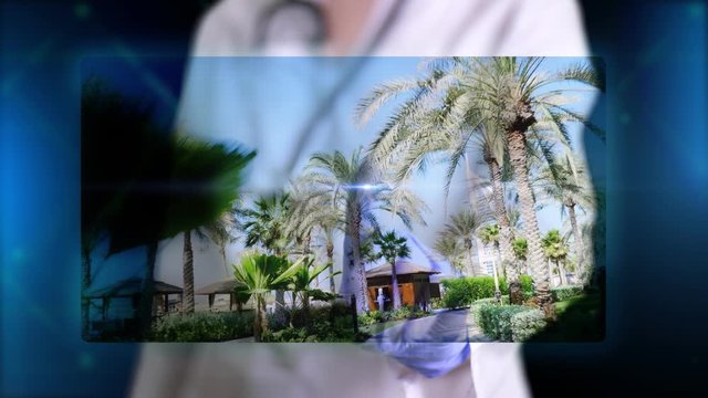Doctor, in blue medical gloves, presents hologram image of resort, vacation in Dubai. Doctor makes freeze frame, puts stamp - pandemic. Prohibitions during coronavirus epidemic, quarantine.