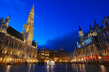 Cityscape of the Grand Place main square of Brussels at night, Belgium.