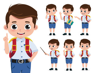 School boy vector character set. Back to school kid student characters in standing pose while talking, reporting and thinking isolated in white background. Vector illustration.  
