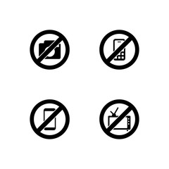 Set of do not watching television, take picture camera, take smartphone and hand phone glyph icon design. Warning sign symbol icon vector design. Black glyph vector icon.