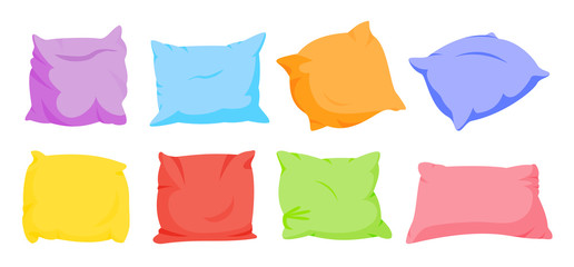 Rainbow pillow flat cartoon set. Home interior soft textile. Seven color square pillows mockup template. Feather, bamboo eco fabric. Colorful cushion design. Isolated on white vector illustration