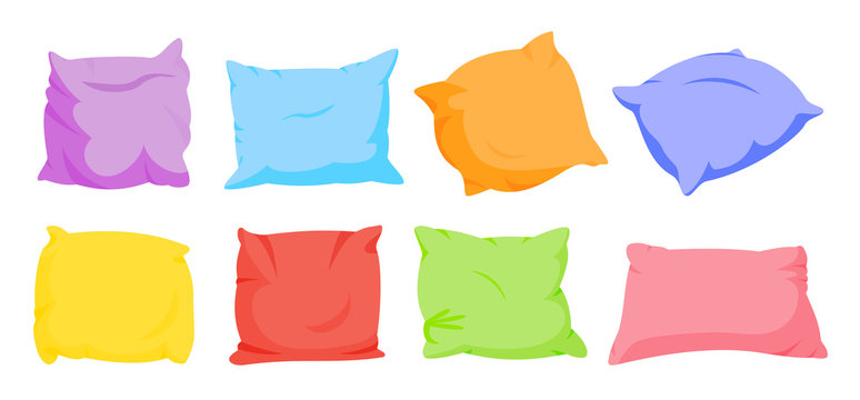 Rainbow pillow flat cartoon set. Home interior soft textile. Seven color square pillows mockup template. Feather, bamboo eco fabric. Colorful cushion design. Isolated on white vector illustration