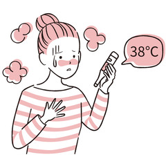 手描き1color  カジュアルな女性　体温計　発熱