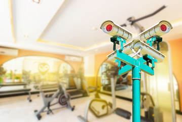 Cctv camera system on steel pillars 4k 6k 8k surround in the room blur 24 hour surveillance