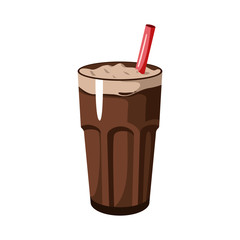 Chocolate milk, cocoa in a glass with a cocktail straw. Vector illustration of beverage in cartoon flat style isolated on white background.