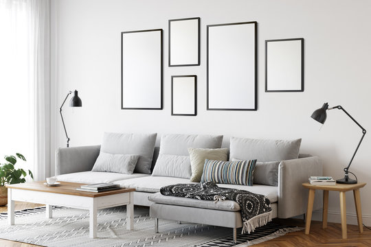 Frame mockup in scandinavian interior. Interior mockup. 3d rendering, 3d illustration
