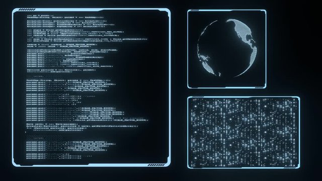 Sci fi laboratory room hud elements. Scrolling software source code development. Rotating digital dots globe. Abstract binary data moving. For overlay with movie scene or intro clip. 