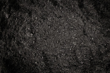 Fototapeta na wymiar black earth background. natural soil texture. Pile heap of soil humus backdrop.