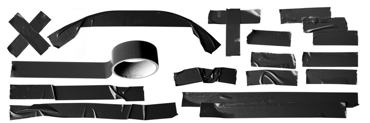 Set of black tapes on white background. Torn horizontal and different size black sticky tape, adhesive pieces. - 340784892