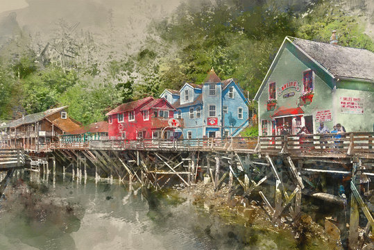Ketchikan, Alaska / USA - 06/30/2015 Painterly converted image of Creek Street historic boardwalk in Ketchikan
