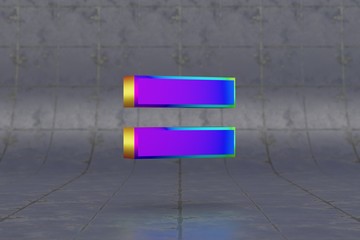Multicolor 3d equals symbol. Glossy iridescent sign on tile background. Metallic alphabet with studio light reflections. 3d rendered font character.