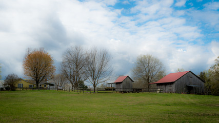 Obraz premium Small barns and yellow house in a field with cloudy blue sky in the background
