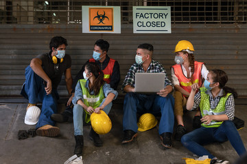 industrail background of diverse factory workers, labors and engineer with wearing medical mask...