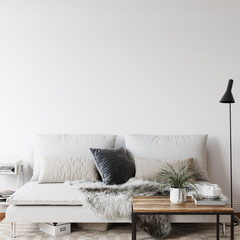 Wall mockup in scandinavian interior. Interior wall mockup. Wall art. 3d rendering, 3d illustration © Yuri-U