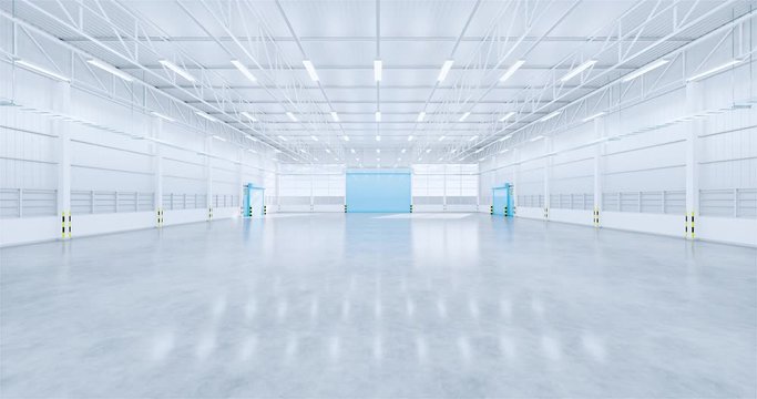 Factory or warehouse or industrial building. Protection with roller door or roller shutter. Modern interior design with concrete floor, metal wall and empty space for industry background. 3d render.