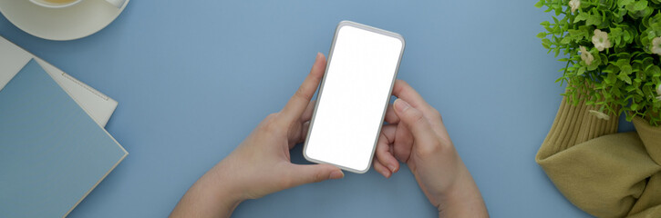 Overhead shot of female freelancer using blank screen smartphone on light blue table