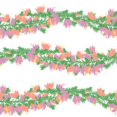 Garland flower seamless pattern background and borders. Hand drawn purple and pink heather flowers background. Romantic wedding floral vector design frame. Banner stripe element. Christmas garland.
