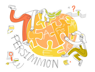 Flat vector abstract illustration enlarged berry of persimmon. It consists combined elements puzzle, here is written useful composition of persimmons from vitamins macro and microelements. Concept.