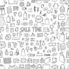 Shopping doodle background seamless pattern. Drawing vector illustration hand drawn eps10