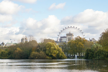 London / United Kingdom - November 10 2019: peaceful lake with trees changing color in autumn in St. James Park with ferris wheel backdrop
