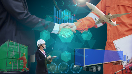 Shake Hand on the linked network background of the world map. Logistic background Concept. Business transportation and cargo. Collaboration and coordination Concept.