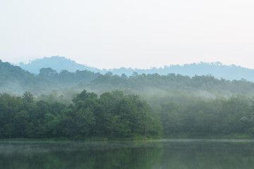 Beautiful nature and fog on the reservoir at Jedkod-Pongkonsao Natural Study in Saraburi Thailand