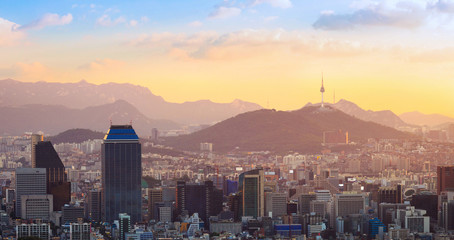 Seoul city and Downtown skyline in aerial in sunset, South Korea