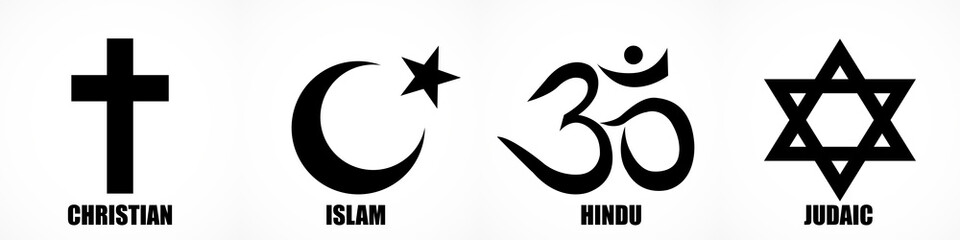 Set of World religion symbols - Christianity, Islam, Hinduism and Judaism. Vector illustrator