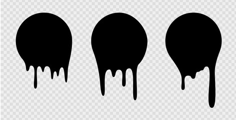 Melt drip stickers or circle labels. Vector liquid drops icons for graffiti blob stickers. Black liquid or melted chocolate drips, current paint.