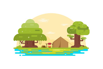 Vector illustration of camping around hills and lakes with a flat style design concept