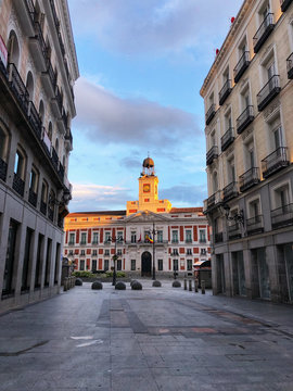 COVID-19 Spanish Lockdown. Image Of Empty Street Leading To The Royal Palace Of Madrid City, Europe