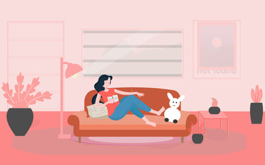 girl at home in a pink dress | girl in pink dress | girl studying at sofa stay home concept | girl studying at home | stay at home