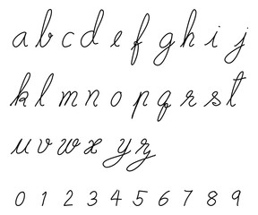 Black color hand drawing font of lower case English alphabet and number 0 - 9 on white background