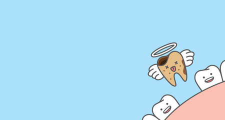 Banner Dead decay tooth missing go to heaven illustration cartoon character vector design on blue background. Dental care concept.