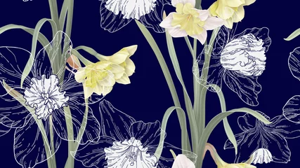 Afwasbaar fotobehang Floral seamless pattern, daffodil flowers with leaves on dark blue © momosama