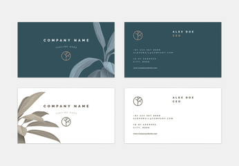 Fototapeta premium Business card template design collection, dark blue and white theme decorated with Cordyline fruticosa Firebrand plant