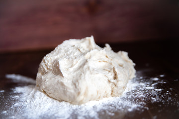 stage of bread preparation, a piece of white dough lies on the table with flour