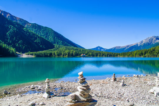 stone pyramids, little man, mound, ovoo, Inukshuk made near the lake or the mountain river