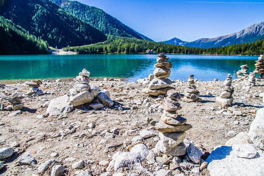 stone pyramids, little man, mound, ovoo, Inukshuk made near the lake or the mountain river
