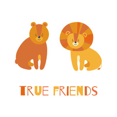 True animal friends. Smiling lion and bear sitting next to each other. Vector illustration in cartoon style
