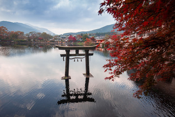 Kinrin lake in Yufuin town , Kyushu region of Japan:Yufuin is a popular Onsen resort in Kyushu,...