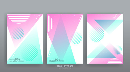 Chaos abstract geometric covers design. Cool halftone shiny gradients templates set. Fluid shapes poster composition.