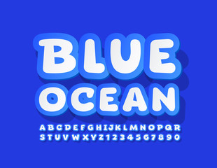 Vector modern sign Blue Ocean with Alphabet Letters and Numbers. Sticker style Font