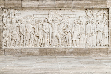 Rosario, Argentina - February 8, 2020: Engraving on a wall with a scene of heroes commanded by Manuel Belgrano at the National Flag Monument