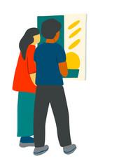 Vector Museum of contemoarary art in flat cartoon style. Exhibition visitors viewing modern abstract paintings. Woman, couples, man with disability looking creative artworks or exhibits art gallery.